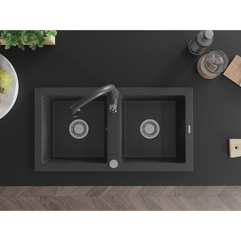 Mexen Mario 2-bowl granite sink with Savita kitchen tap, speckled black - 6504-76-672601-76