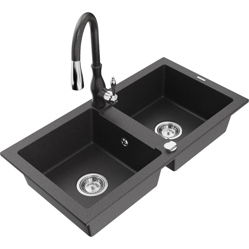 Mexen Mario 2-Bowl Granite Kitchen Sink with Savita Faucet, Speckled Black - 6504-76-672601-76