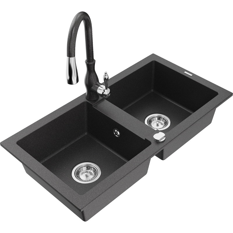 Mexen Mario granite double-bowl sink with Savita kitchen faucet, speckled black - 6504-76-672601-76