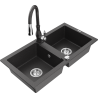 Mexen Mario 2-bowl granite sink with Savita kitchen tap, speckled black - 6504-76-672601-76