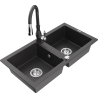 Mexen Mario 2-compartment granite sink with a kitchen mixer tap Savita, spotted black - 6504-76-672601-76