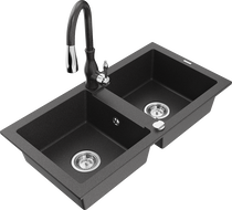 Mexen Mario 2-compartment granite sink with a kitchen mixer tap Savita, spotted black - 6504-76-672601-76