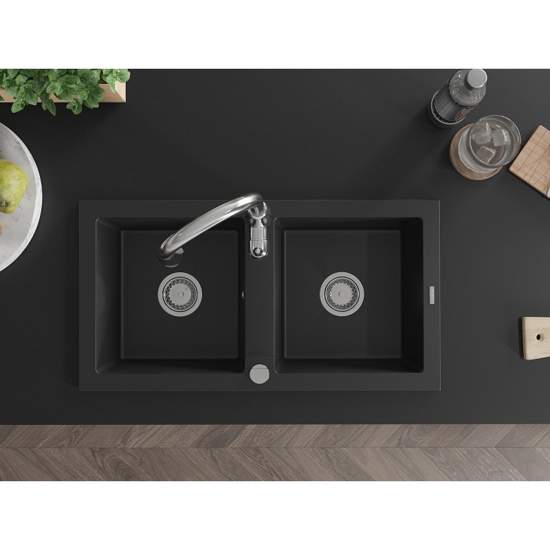 Mexen Mario granite double-bowl sink with Savita kitchen faucet, black - 6504-77-672601-00