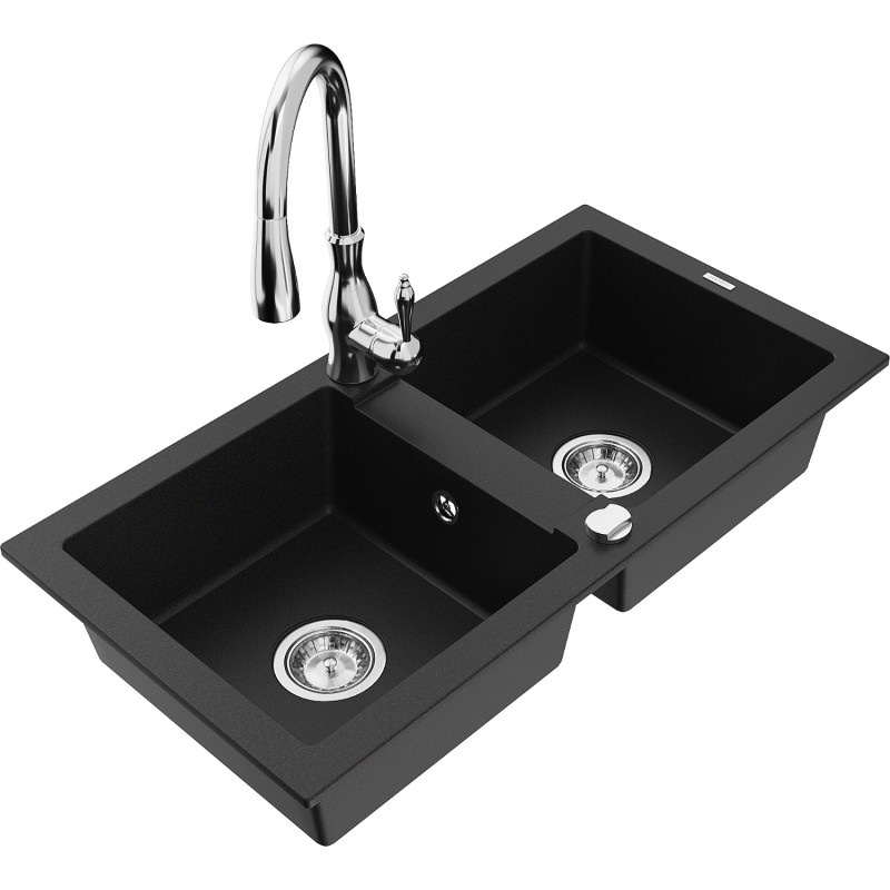 Mexen Mario granite double-bowl sink with Savita kitchen faucet, black - 6504-77-672601-00