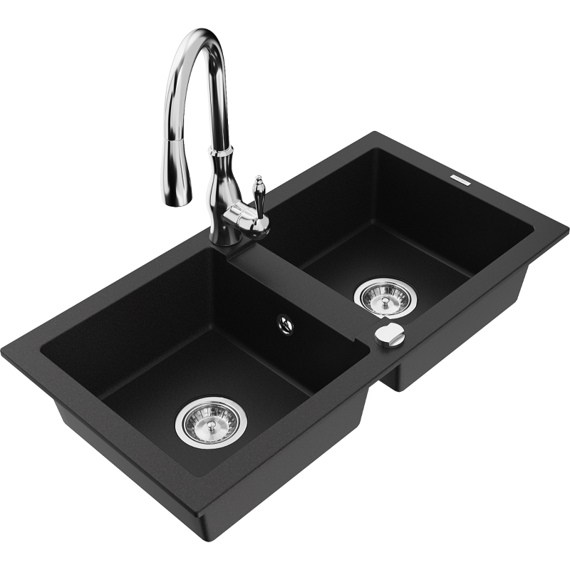 Mexen Mario granite kitchen sink 2-bowl with Savita kitchen tap, black - 6504-77-672601-00