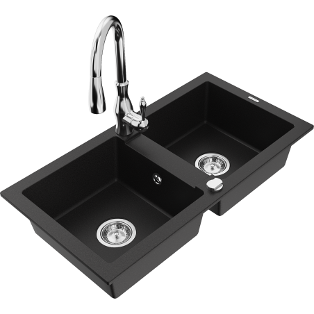 Mexen Mario granite double-bowl sink with Savita kitchen faucet, black - 6504-77-672601-00