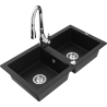 Mexen Mario granite double-bowl sink with Savita kitchen faucet, black - 6504-77-672601-00