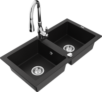Mexen Mario granite 2-bowl kitchen sink with Savita faucet, black - 6504-77-672601-00