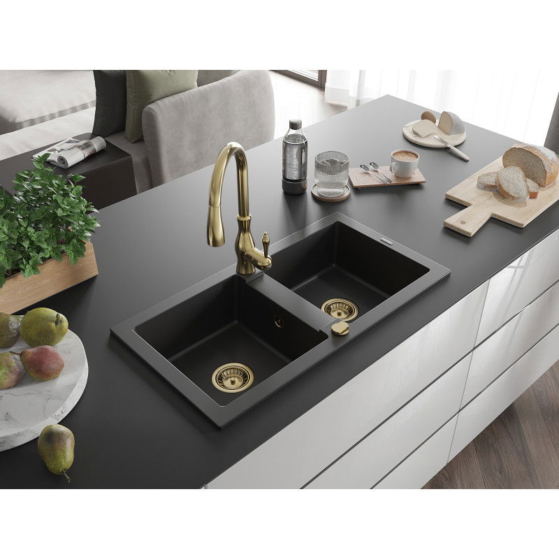 Mexen Mario granite sink 2-bowl with Savita kitchen tap, black - 6504-77-672601-50