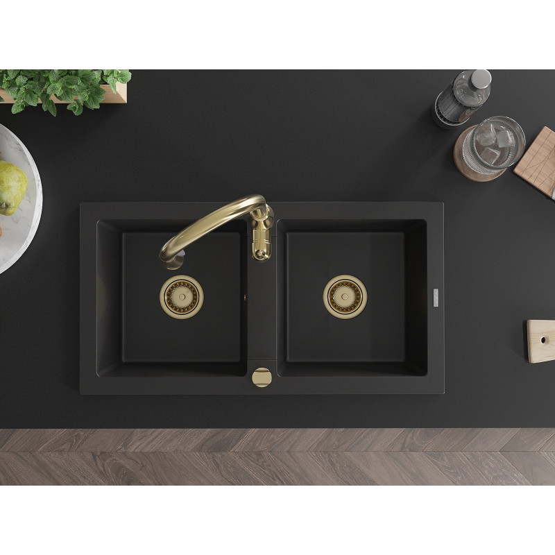Mexen Mario 2-bowl granite sink with Savita kitchen faucet, black - 6504-77-672601-50