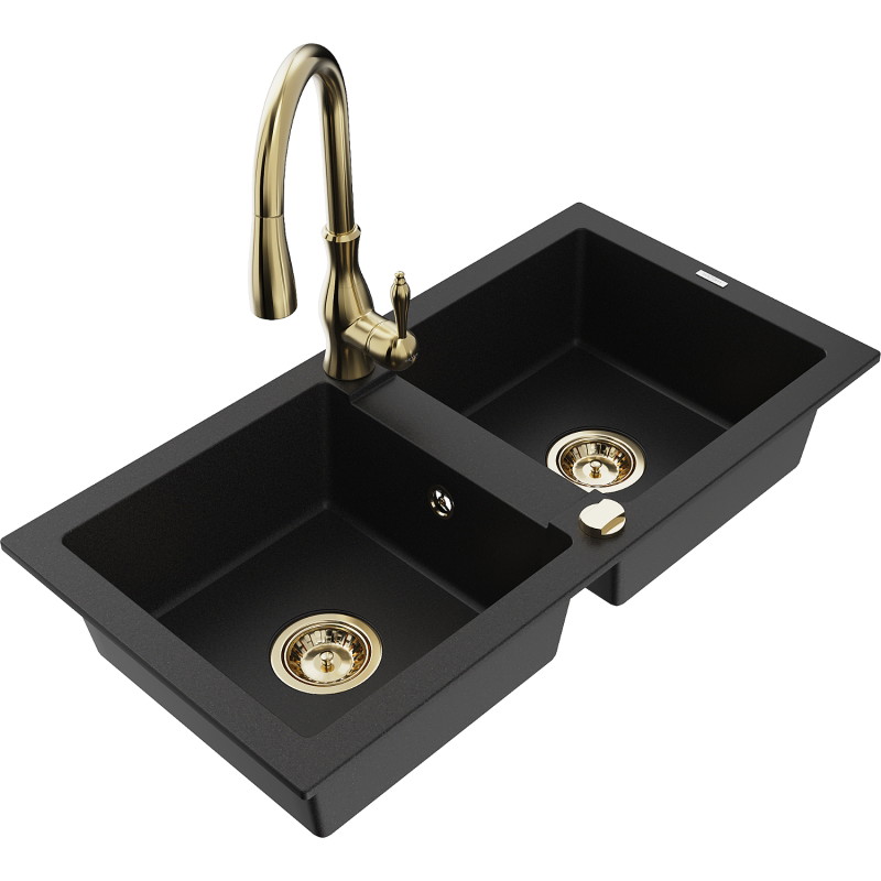 Mexen Mario 2-bowl granite sink with Savita kitchen faucet, black - 6504-77-672601-50