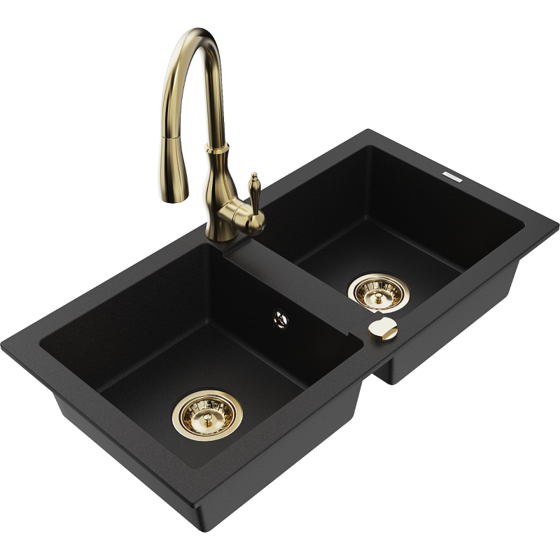 Mexen Mario granite sink 2-bowl with Savita kitchen tap, black - 6504-77-672601-50