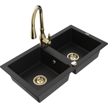 Mexen Mario 2-bowl granite sink with Savita kitchen faucet, black - 6504-77-672601-50