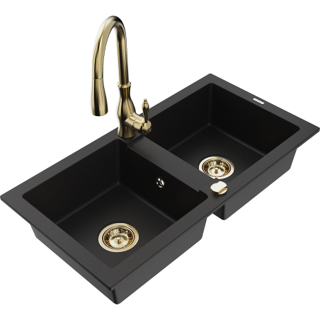 Mexen Mario granite sink 2-bowl with Savita kitchen tap, black - 6504-77-672601-50