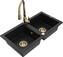 Mexen Mario granite double-bowl kitchen sink with Savita faucet, black - 6504-77-672601-50