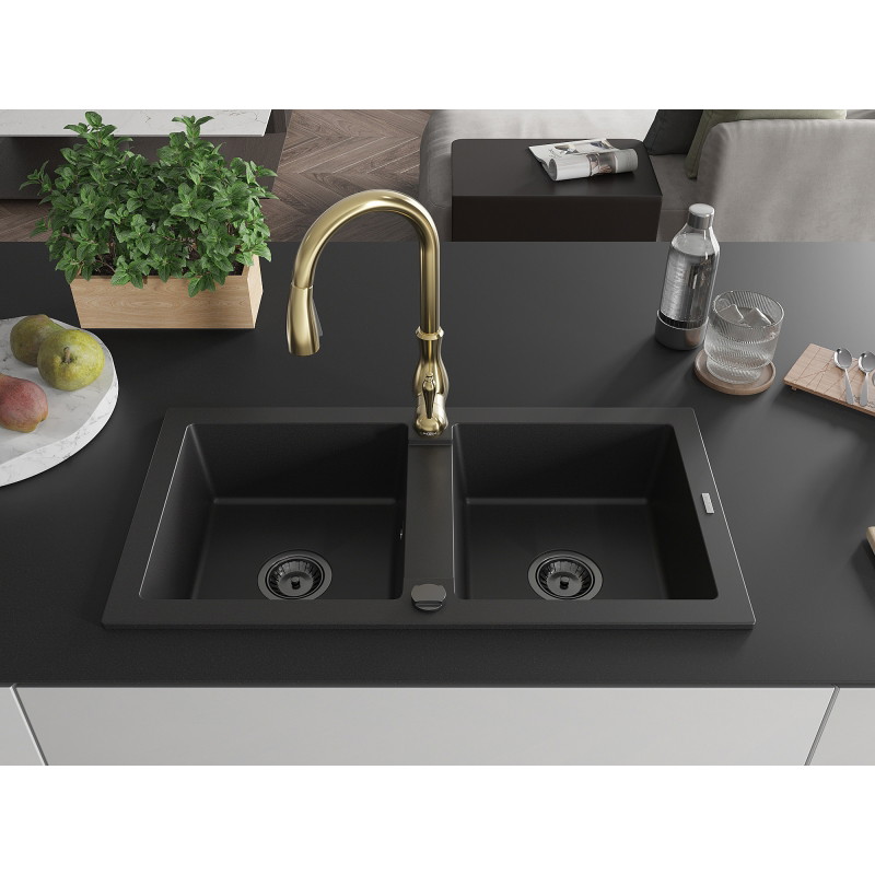 Mexen Mario granite double-bowl kitchen sink with Savita faucet, black - 6504-77-672601-50-B