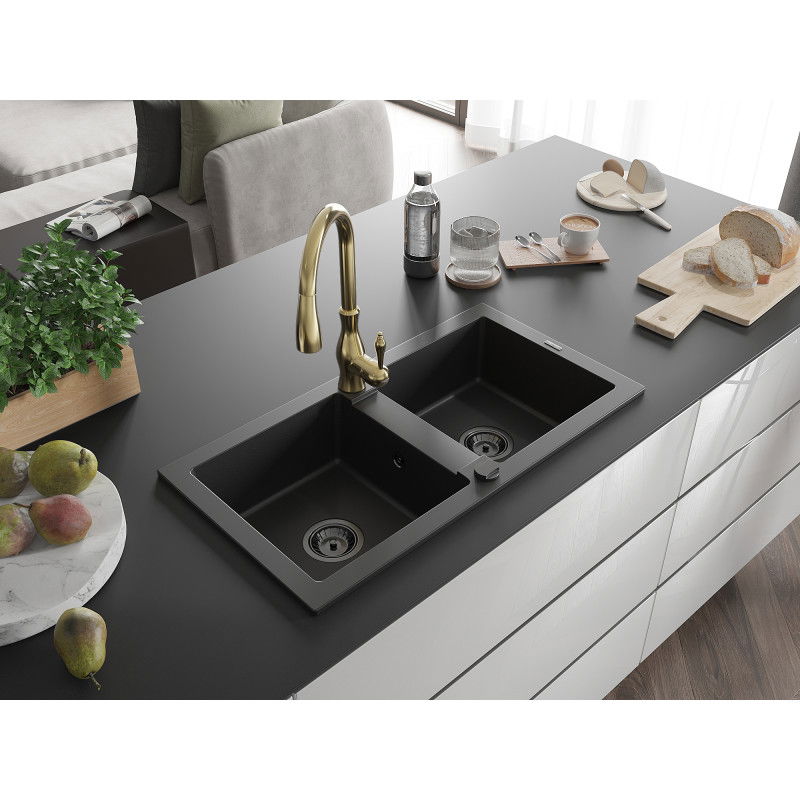 Mexen Mario granite sink with 2 bowls and Savita kitchen tap, black - 6504-77-672601-50-B