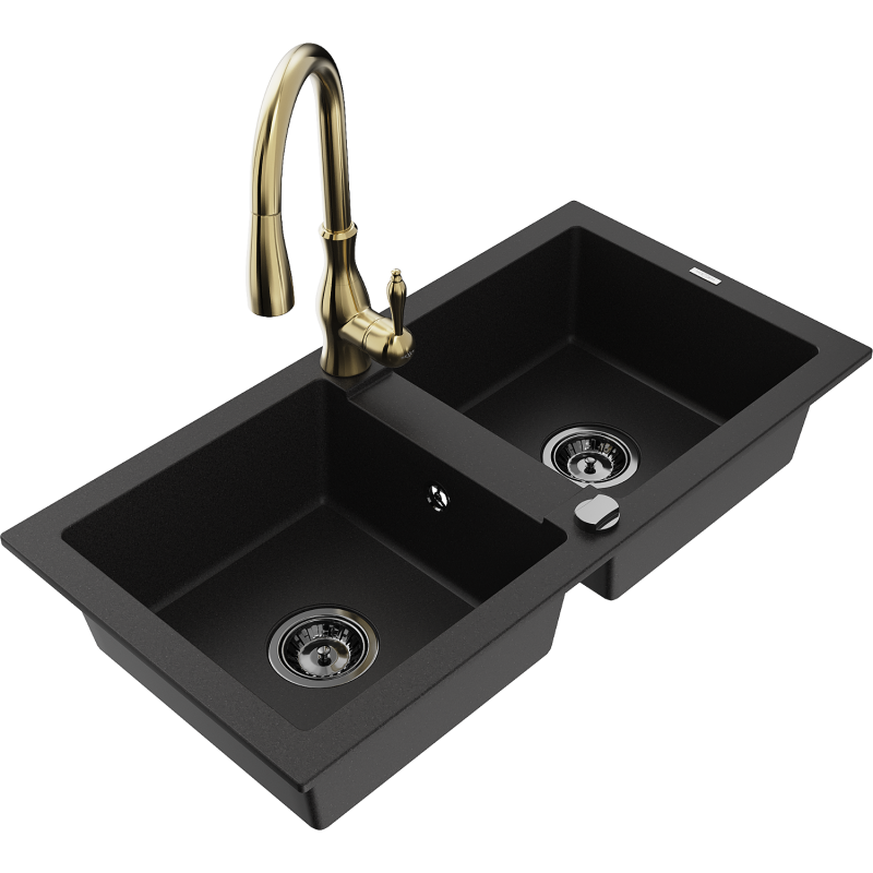 Mexen Mario 2-compartment granite sink with a kitchen mixer tap Savita, Black - 6504-77-672601-50-B