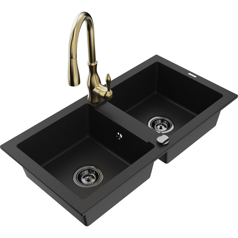 Mexen Mario granite double-bowl kitchen sink with Savita faucet, black - 6504-77-672601-50-B