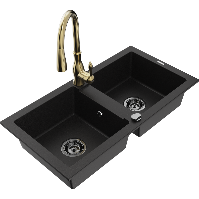 Mexen Mario granite sink with 2 bowls and Savita kitchen tap, black - 6504-77-672601-50-B