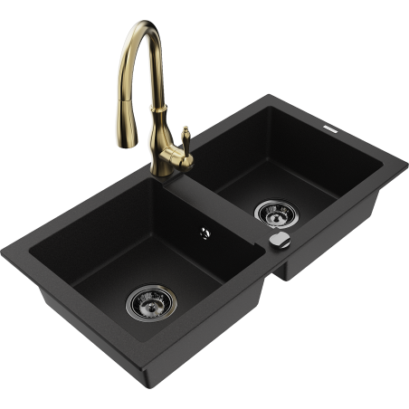 Mexen Mario granite double-bowl kitchen sink with Savita faucet, black - 6504-77-672601-50-B