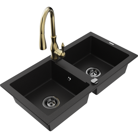 Mexen Mario granite sink with 2 bowls and Savita kitchen tap, black - 6504-77-672601-50-B