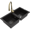 Mexen Mario granite double-bowl kitchen sink with Savita faucet, black - 6504-77-672601-50-B