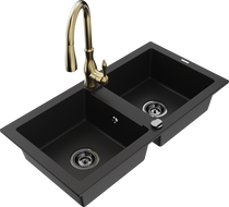 Mexen Mario granite sink with 2 bowls and Savita kitchen tap, black - 6504-77-672601-50-B
