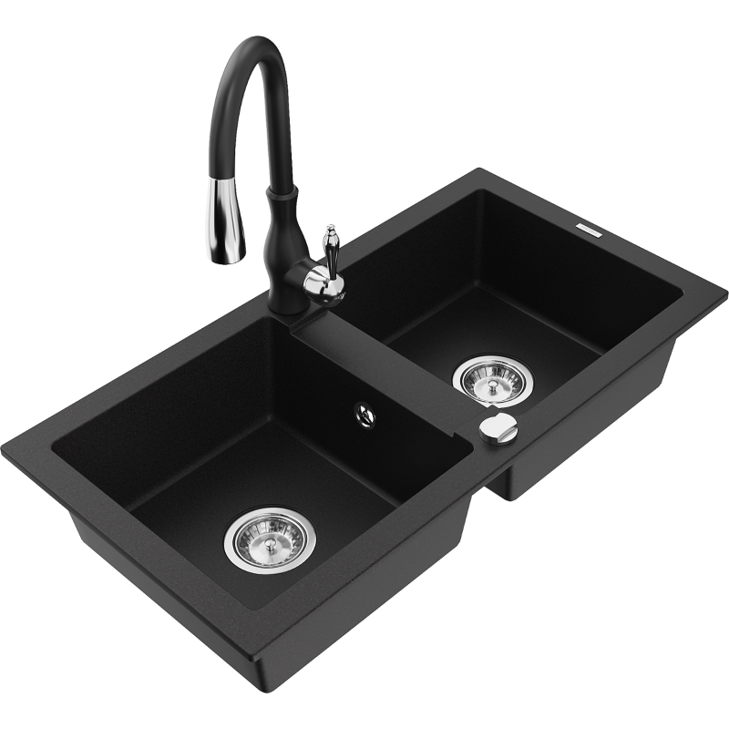Mexen Mario 2-compartment granite sink with a kitchen mixer tap Savita, Black - 6504-77-672601-70