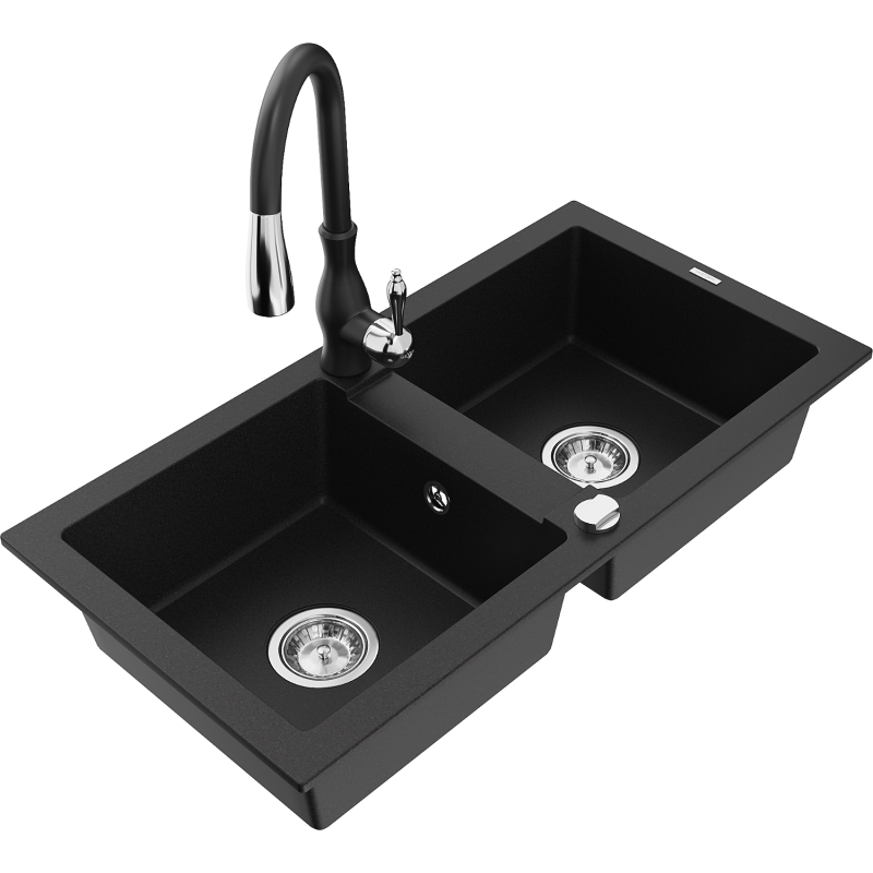 Mexen Mario granite sink 2-chamber with Savita kitchen tap, black - 6504-77-672601-70