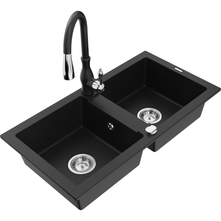 Mexen Mario granite kitchen sink 2-bowl with Savita kitchen faucet, black - 6504-77-672601-70