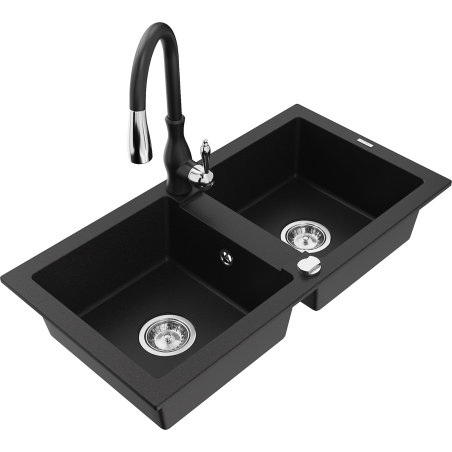 Mexen Mario granite sink 2-chamber with Savita kitchen tap, black - 6504-77-672601-70