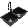 Mexen Mario 2-bowl granite kitchen sink with Savita kitchen faucet, black - 6504-77-672601-70