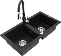 Mexen Mario granite kitchen sink 2-bowl with Savita kitchen faucet, black - 6504-77-672601-70