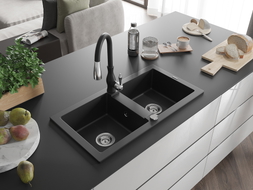 Mexen Mario granite kitchen sink 2-bowl with Savita kitchen faucet, black - 6504-77-672601-70