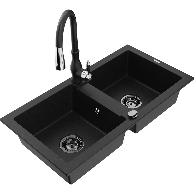 Mexen Mario 2-compartment granite sink with a kitchen mixer tap Savita, Black - 6504-77-672601-70-B