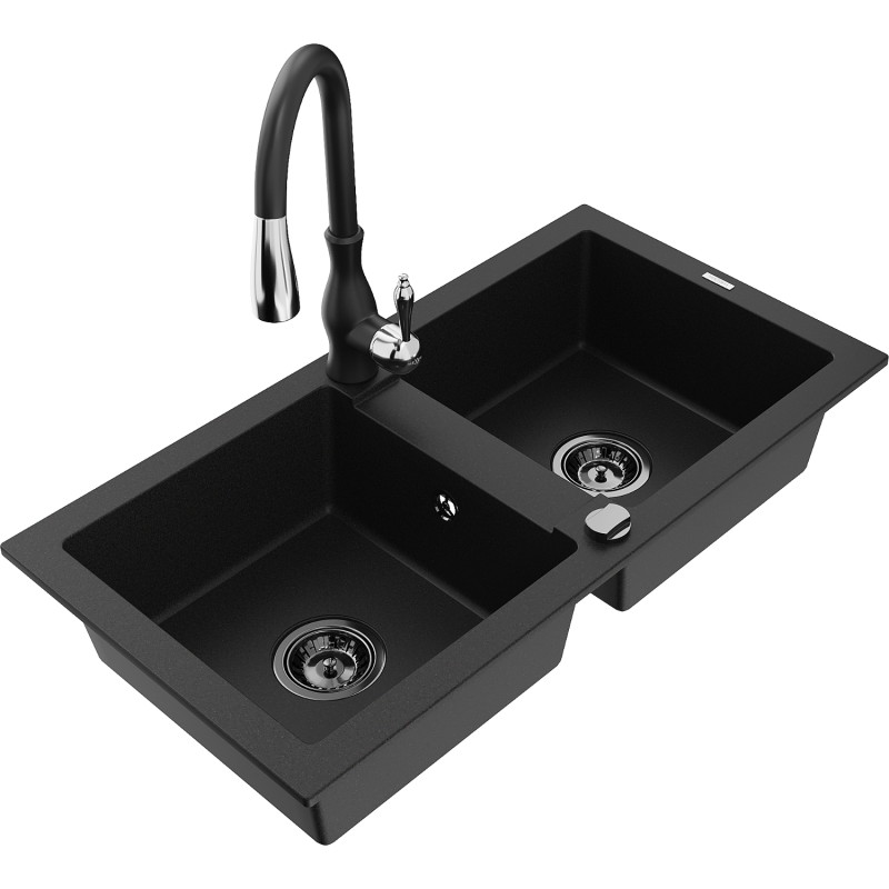 Mexen Mario granite double-bowl kitchen sink with Savita faucet, black - 6504-77-672601-70-B