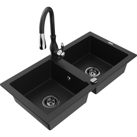 Mexen Mario 2-bowl granite sink with Savita kitchen faucet, black - 6504-77-672601-70-B