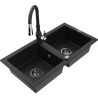 Mexen Mario granite double-bowl kitchen sink with Savita faucet, black - 6504-77-672601-70-B