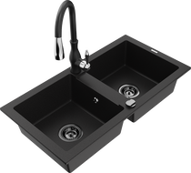 Mexen Mario granite double-bowl kitchen sink with Savita faucet, black - 6504-77-672601-70-B