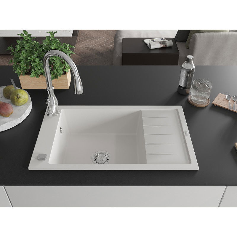 Mexen Elias 1-Bowl Granite Sink with Drainer and Savita Kitchen Tap, White - 6511-20-672601-00