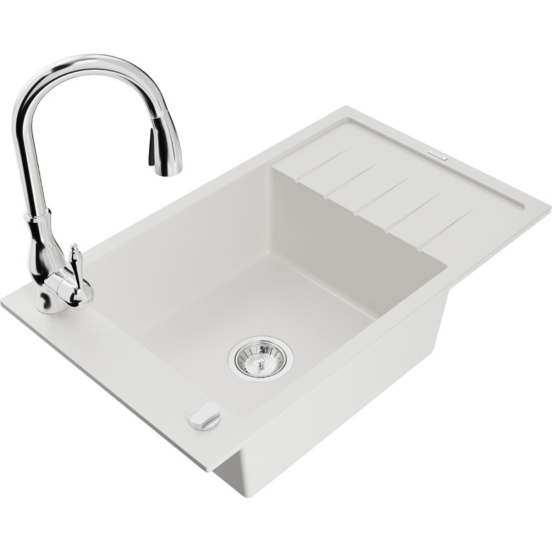 Mexen Elias 1-bowl granite sink with drainer and Savita kitchen faucet, white - 6511-20-672601-00