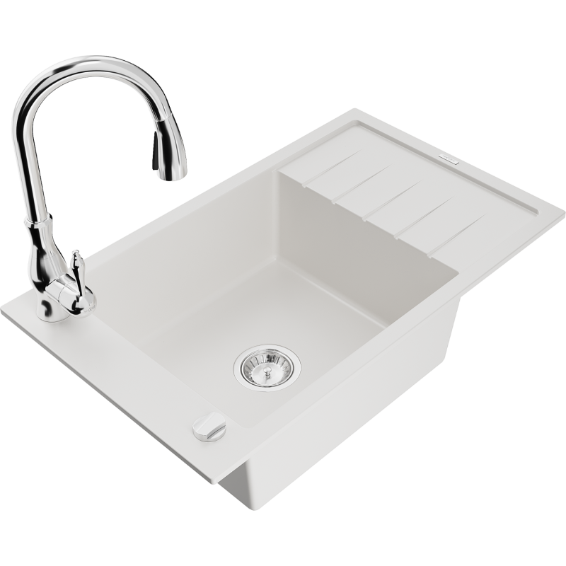 Mexen Elias 1-compartment granite sink with a drip tray and kitchen mixer tap Savita, White - 6511-20-672601-00