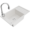 Mexen Elias 1-bowl granite sink with drainer and Savita kitchen faucet, white - 6511-20-672601-00