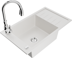 Mexen Elias 1-Bowl Granite Sink with Drainer and Savita Kitchen Tap, White - 6511-20-672601-00
