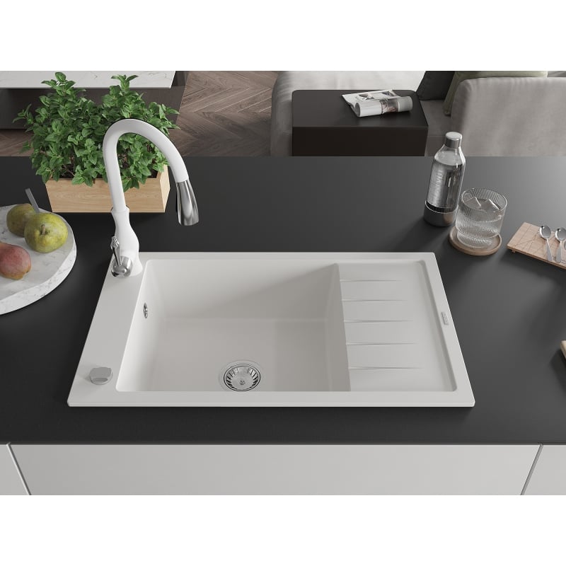 Mexen Elias granite kitchen sink 1-bowl with drainer and Savita kitchen faucet, white - 6511-20-672601-20