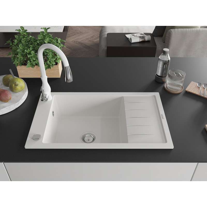 Mexen Elias granite sink with 1 bowl, drainer and Savita kitchen faucet, white - 6511-20-672601-20