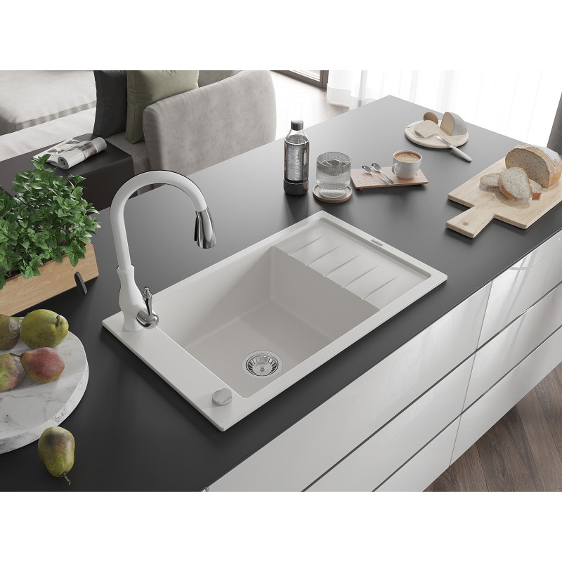 Mexen Elias granite kitchen sink 1-bowl with drainer and Savita kitchen faucet, white - 6511-20-672601-20