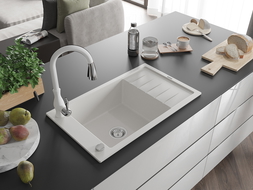 Mexen Elias granite sink 1-bowl with drainer and Savita kitchen tap, white - 6511-20-672601-20