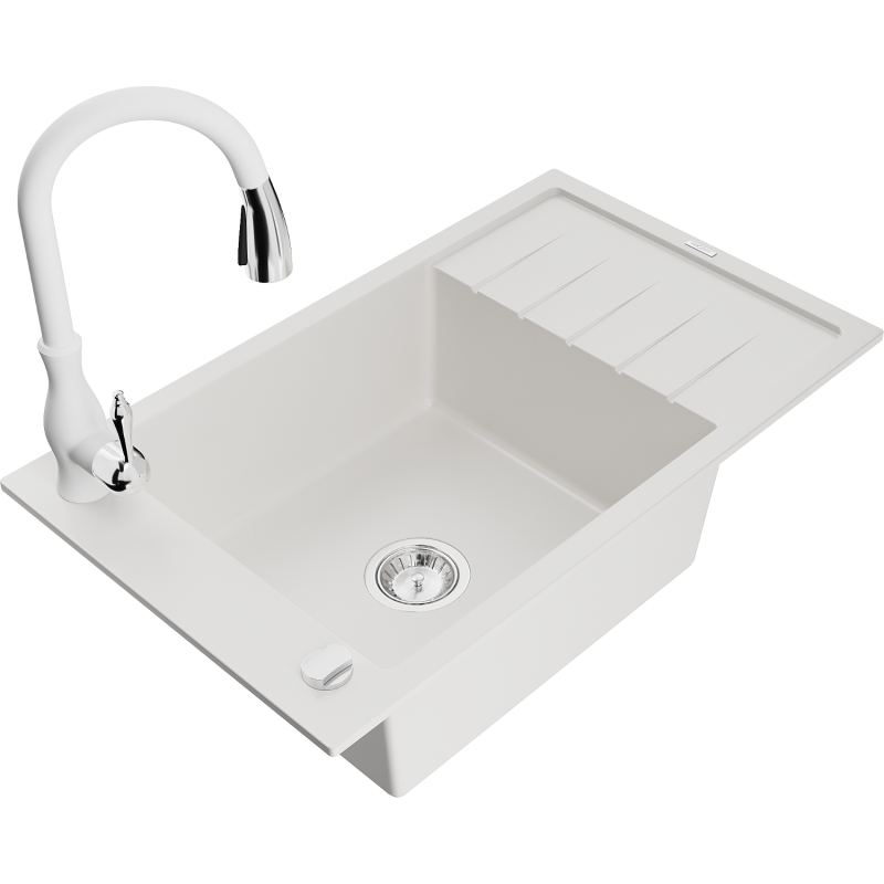 Mexen Elias 1-compartment granite sink with a drip tray and kitchen mixer tap Savita, White - 6511-20-672601-20
